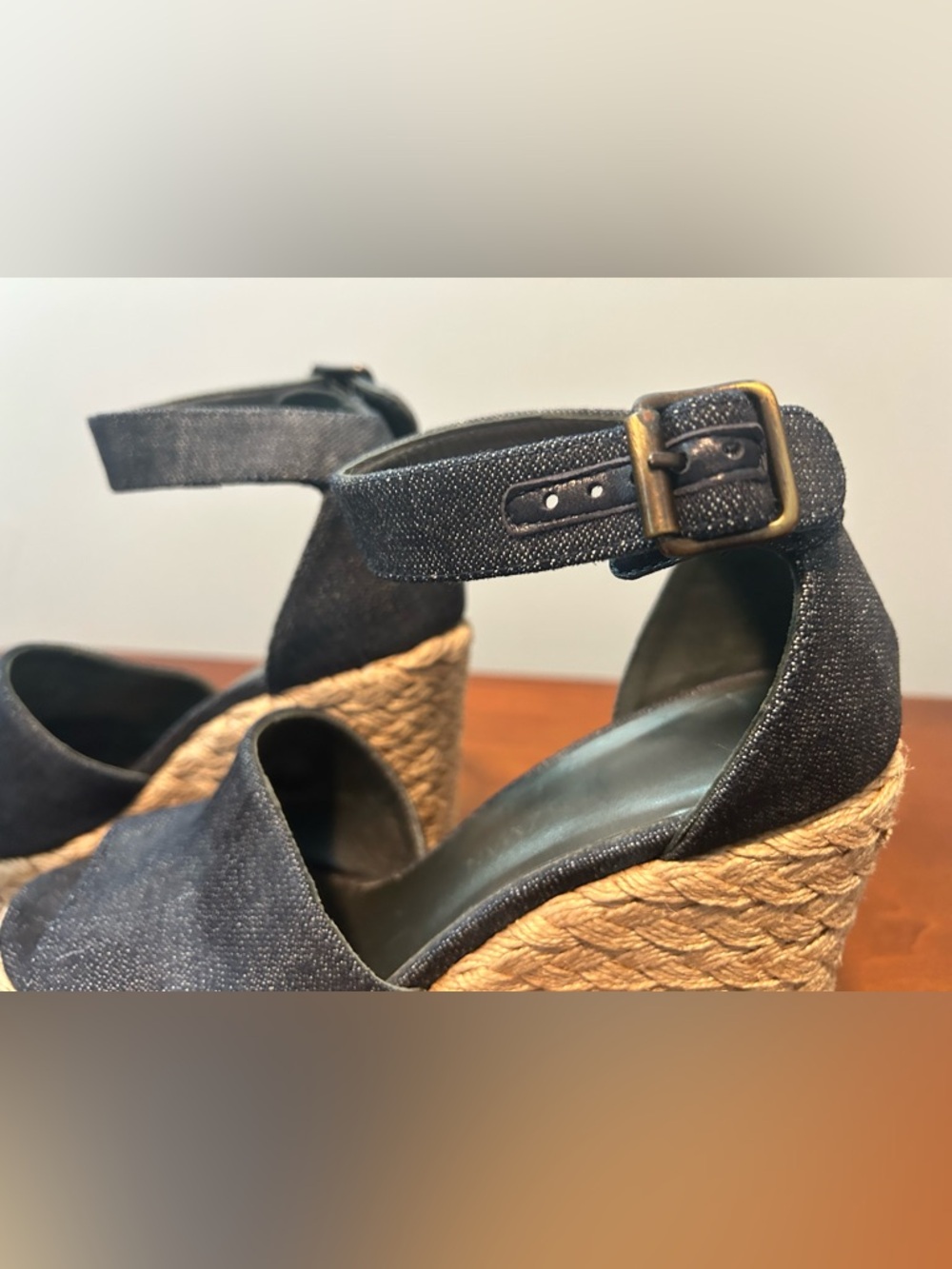 Stuart Weitzman Sohojute Dark Denim Espadrille Ankle-Strap Wedge Sandals - Picture 8 of 15